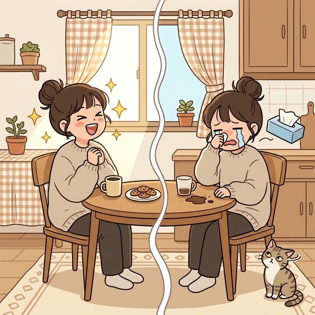 커피 한 방울 쏟았다고 갑자기 웃다가 우는 그녀, 감정 기복이 장난 아니다.