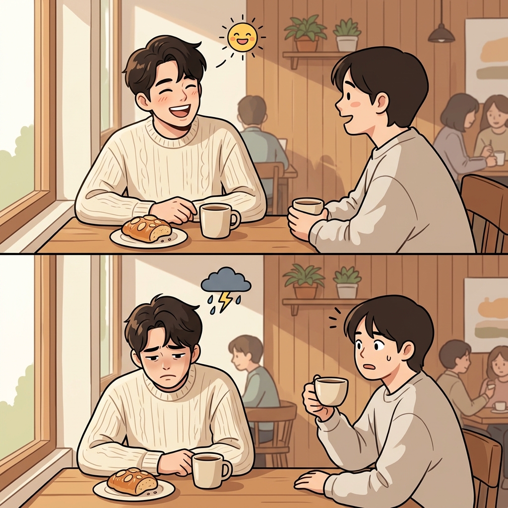 요즘 걔 진짜 기분파야. 방금까지 웃다가 갑자기 조용해져.