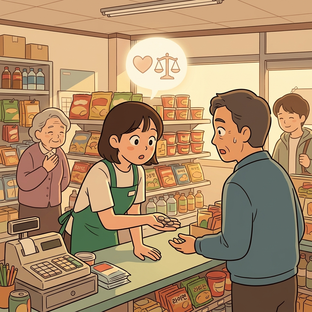 계산원이 거스름돈을 더 받은 걸 알아채고 바로 돌려줬다.