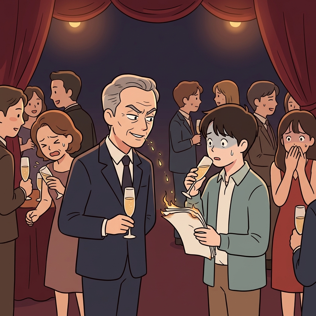 The critic's mordant review left the young playwright speechless at the after-party.