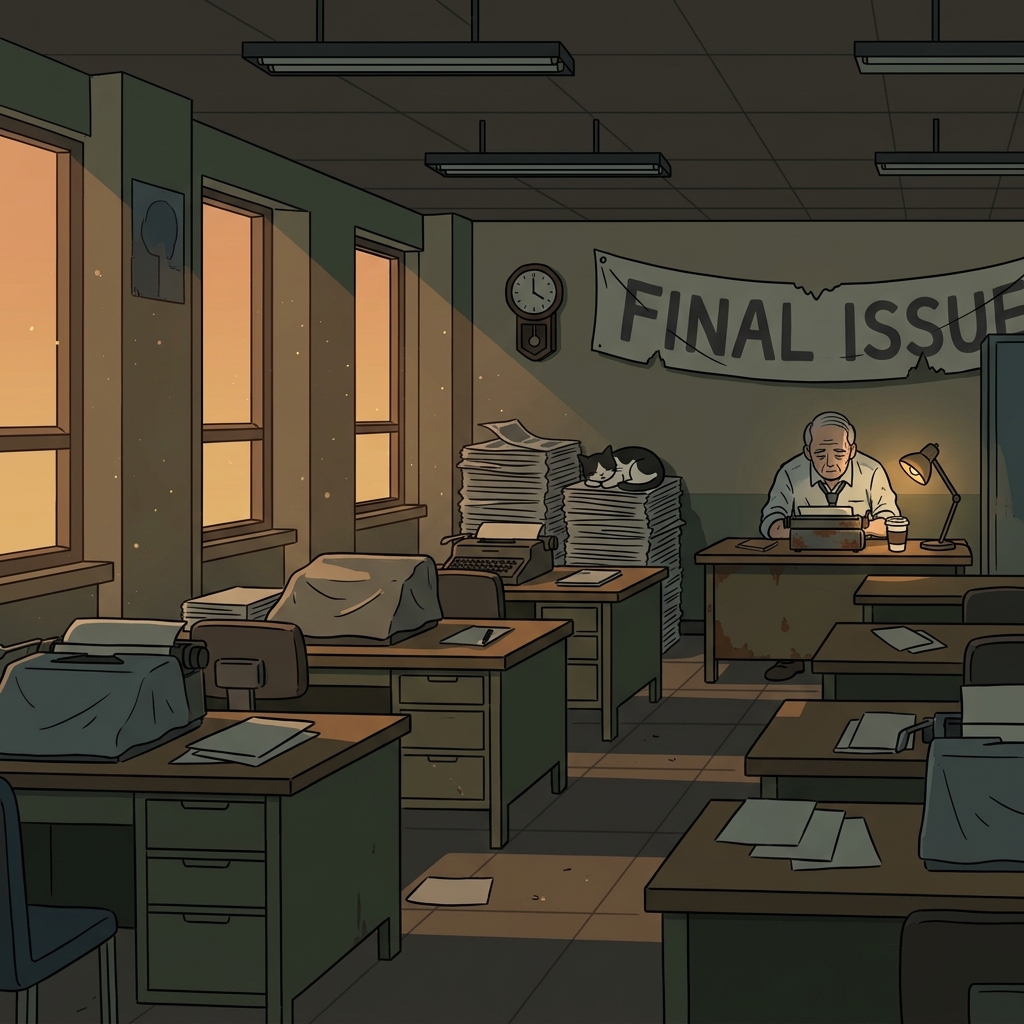 The old newspaper is moribund, with empty desks and one last editor typing.