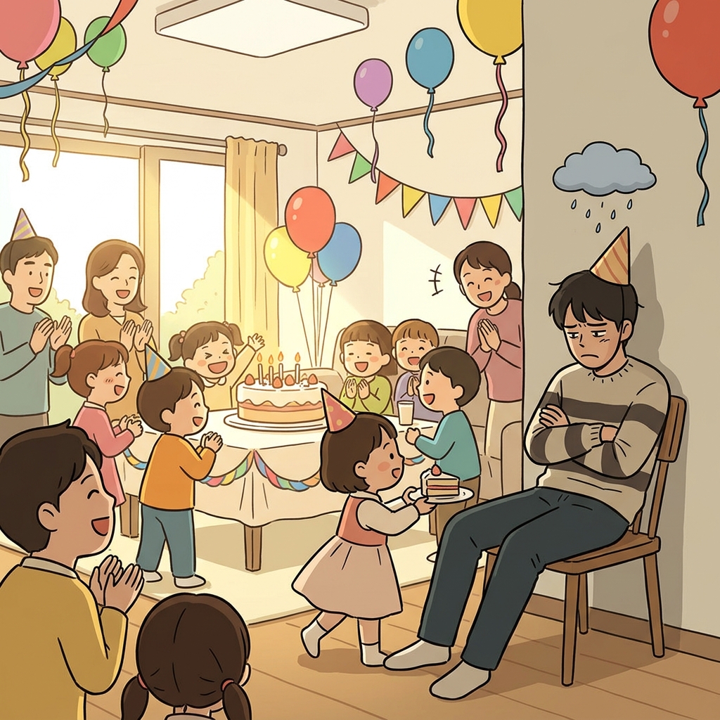He sat morose in the corner, ignoring the birthday cake and party hats around him.