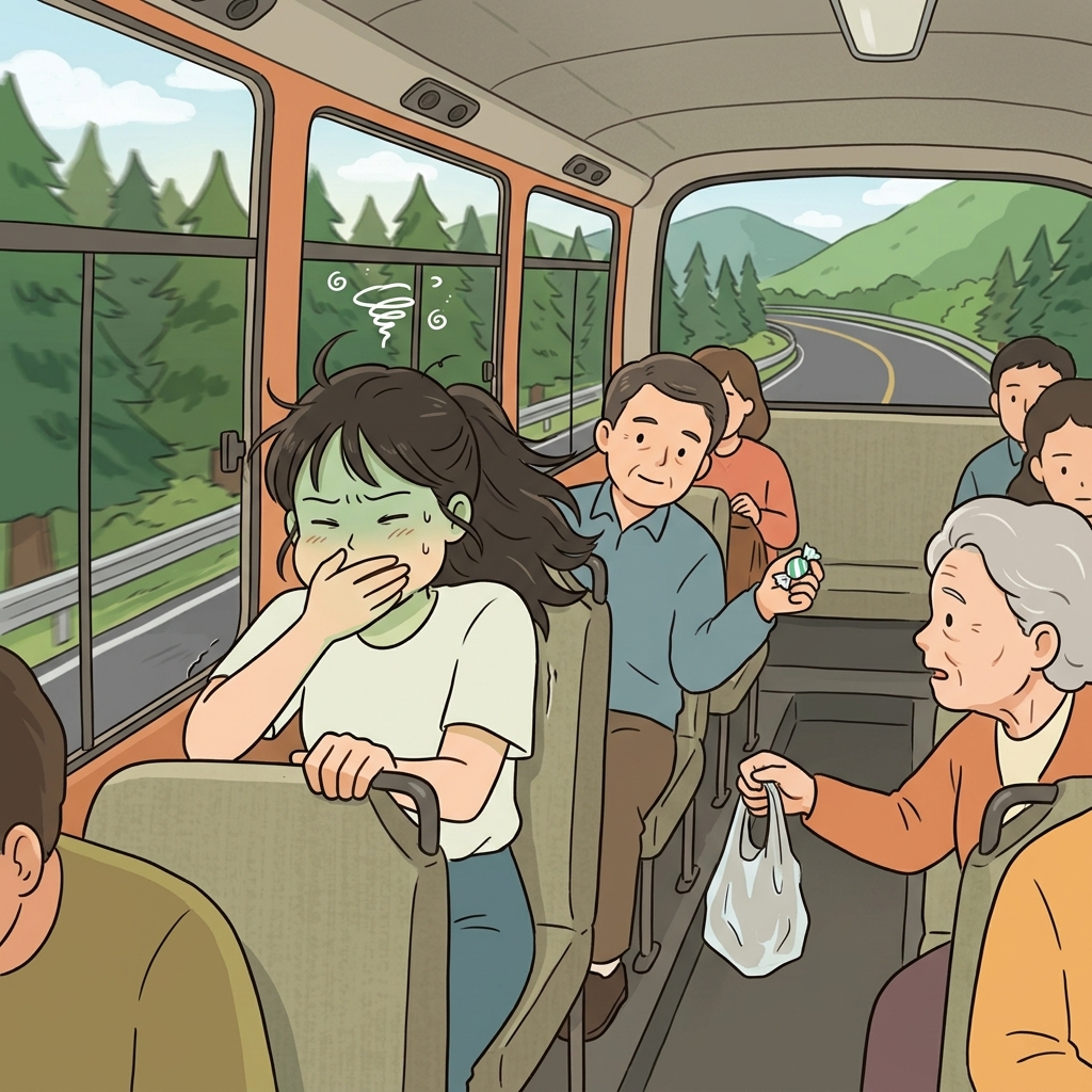 구불구불한 산길 버스에서 그녀는 멀미가 났다.