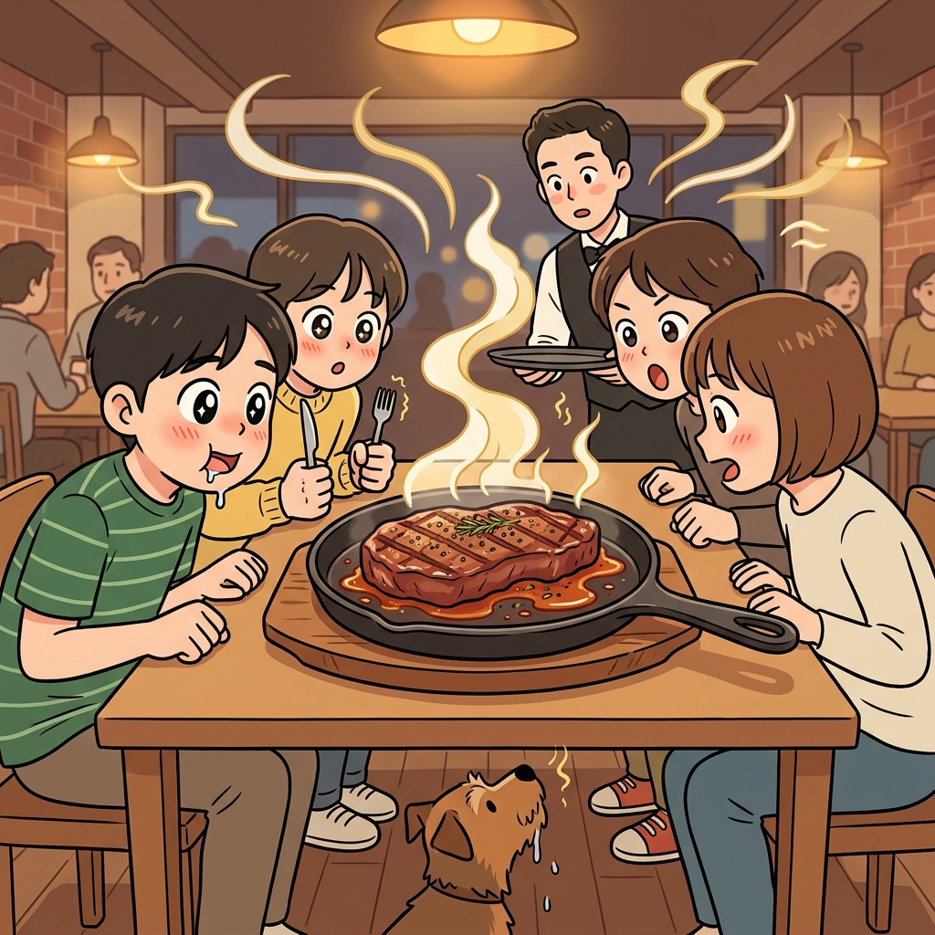 그 스테이크가 너무 먹음직스러워서 다들 침을 꿀꺽 삼켰다.