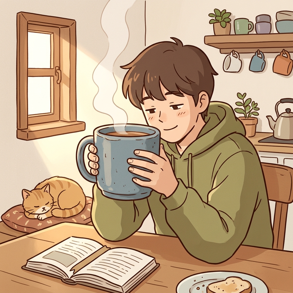 He sips coffee from a big ceramic mug on a lazy Sunday morning.