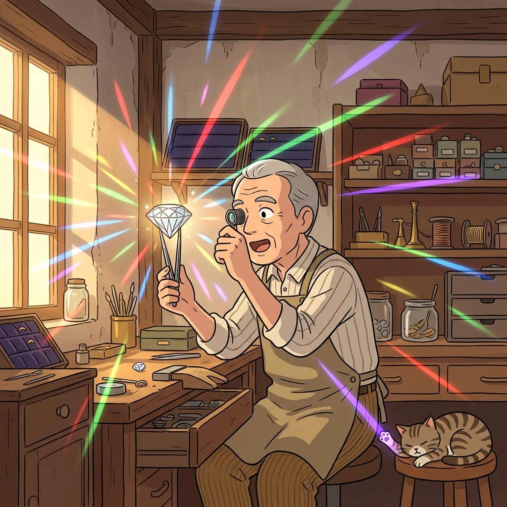 A multifaceted diamond splits sunlight into rainbows across the jeweler's workshop.