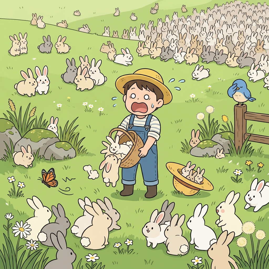 Rabbits multiply so fast that the meadow is suddenly full of them.