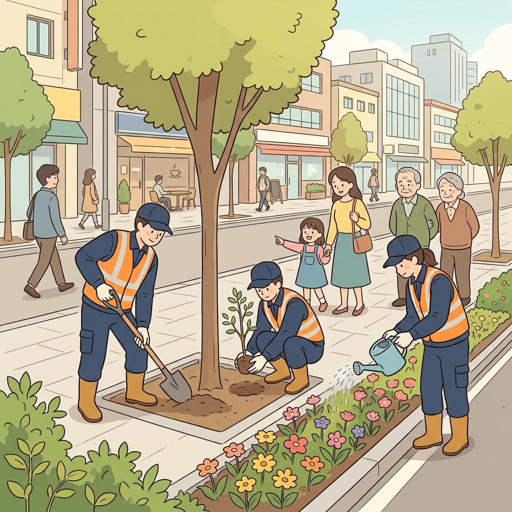 시청 직원들은 거리 곳곳에 나무를 심었다. (미니(Muni) 시청(City Hall). → 시의, 시립의)