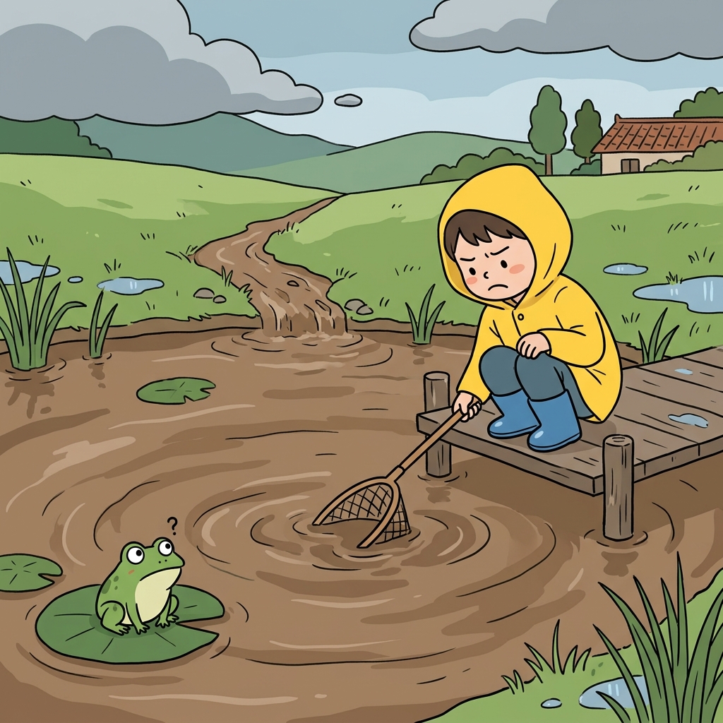 The pond turned murky after days of heavy rain and mud runoff.