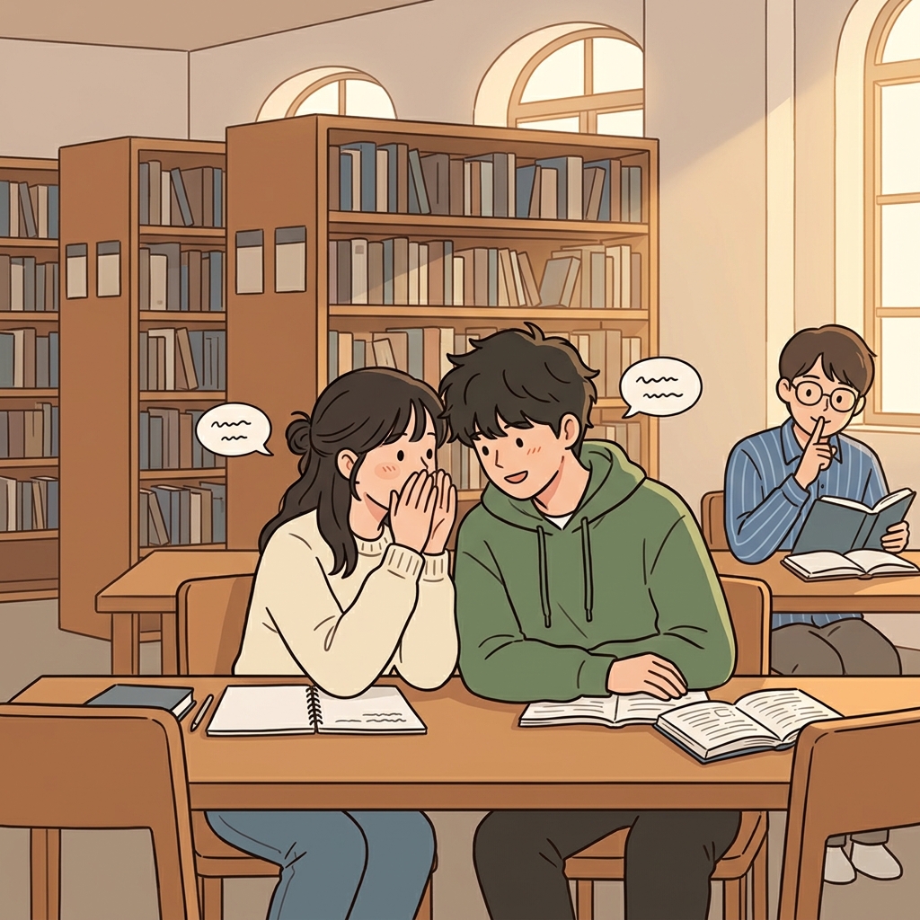The students murmur softly in the library, careful not to disturb others.