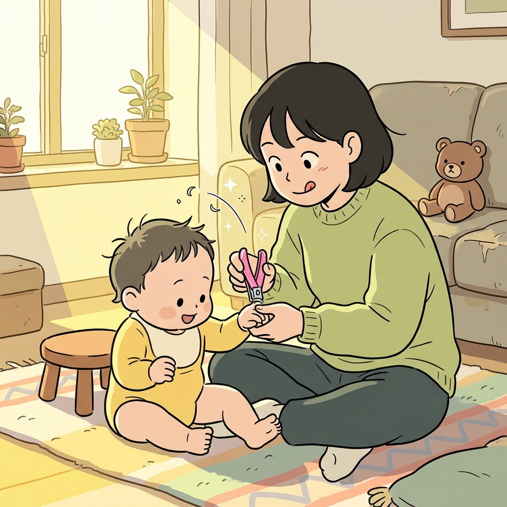 엄마가 아기 손톱을 작은 손톱깎이로 조심조심 잘라준다.