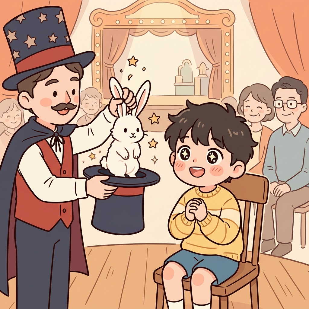 순진한 소년은 모든 마술이 진짜라고 믿었다. ("나이브? 나이 없네!" → 어려서 순진하다)