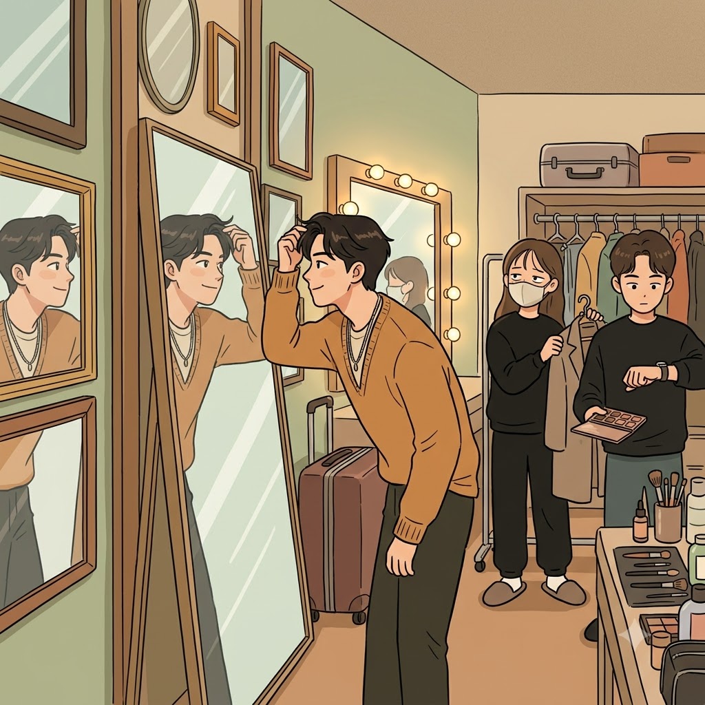 배우는 거울을 볼 때마다 "나를 시선!"이라며 자기애(narcissism)에 빠져 자신의 모습만 바라봤다. (narcissism → "나를 시선!"
→ 시선이 계속 나를 향한다.)