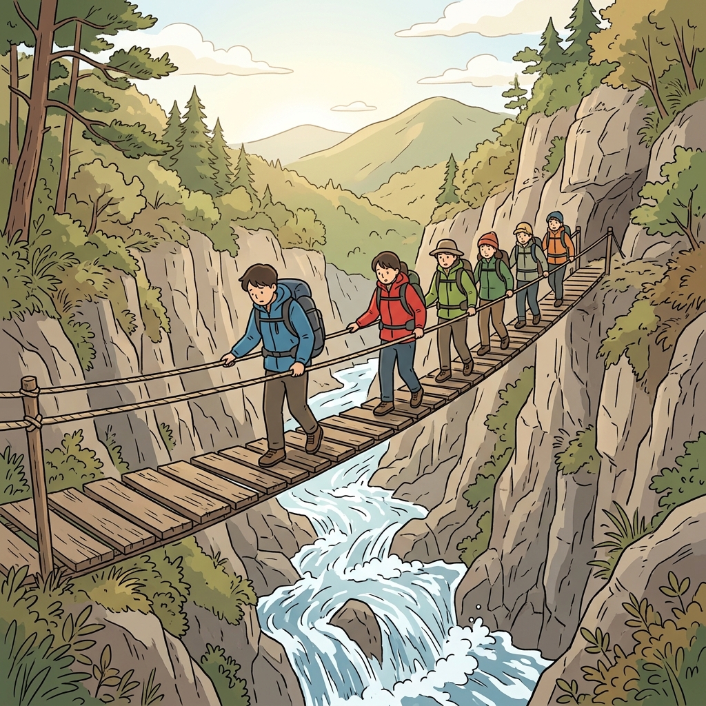 The hikers carefully crossed a narrow bridge above the rushing river.
