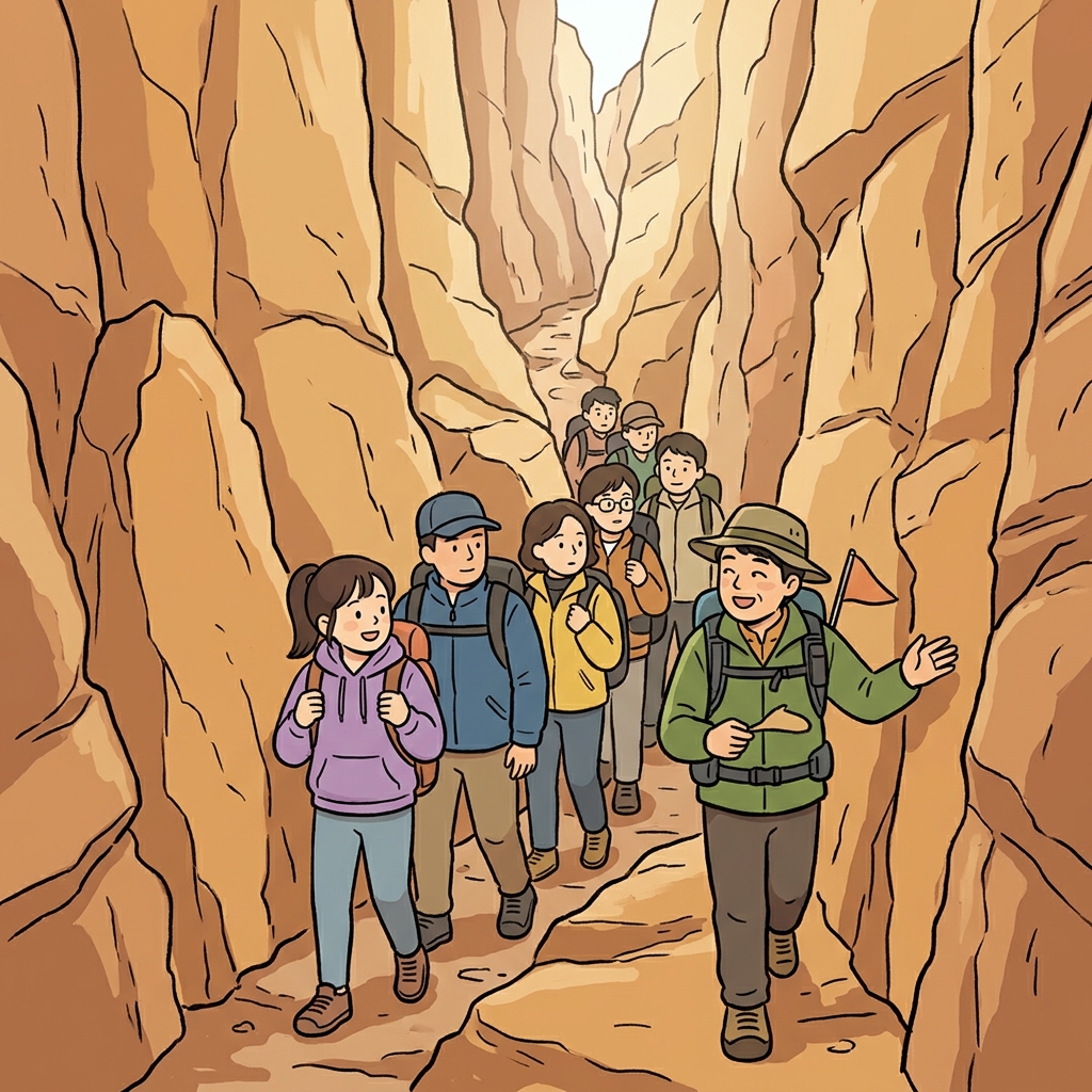 가이드는 "니어 로!(Near row!)"라고 외쳤고, 사람들은 좁은(narrow) 길을 한 줄로 지나갔다. ("Near row!" → 너무 좁아서 서로 가까이(near) 한 줄(row)로 간다.)