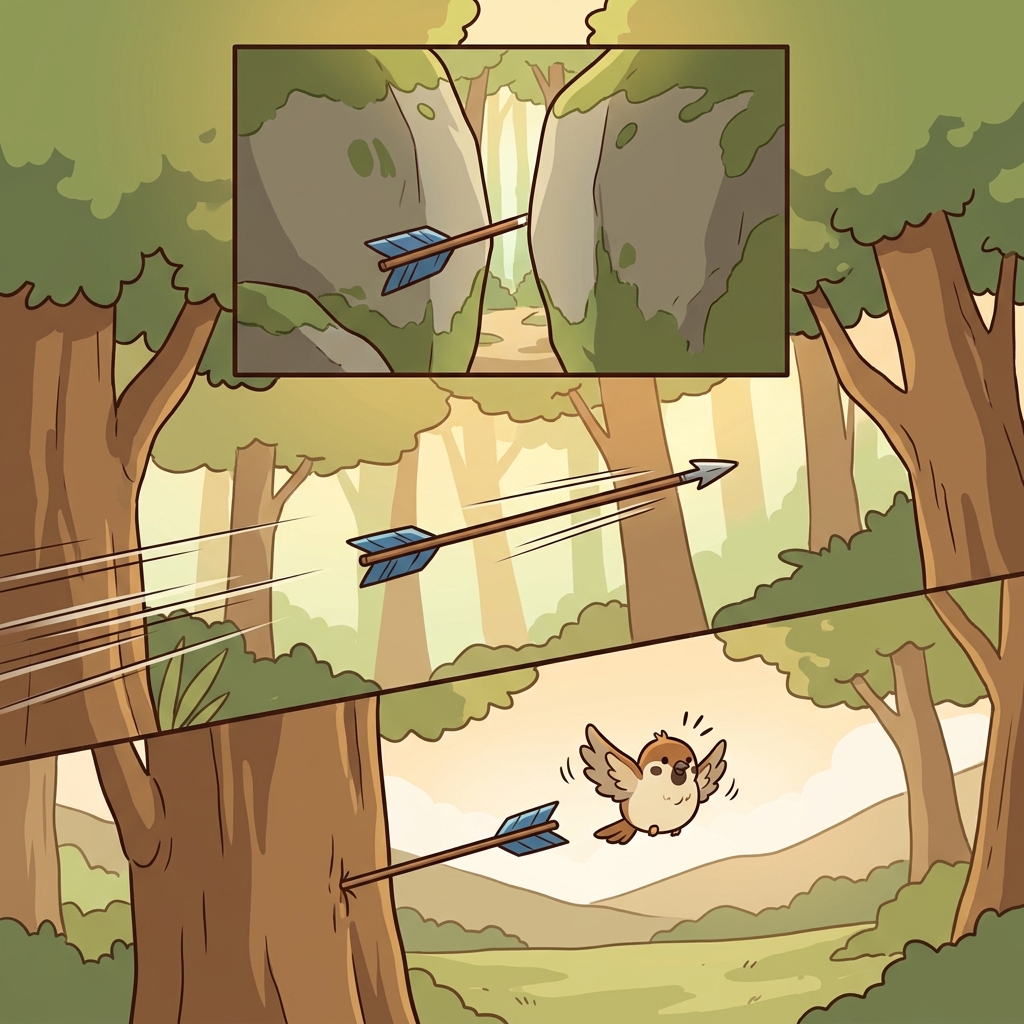 An arrow flew through a narrow gap and landed beside a tiny sparrow.