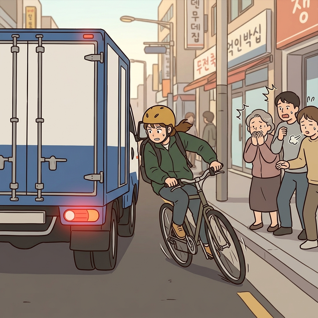 The cyclist narrowly avoided a collision by turning at the very last second.