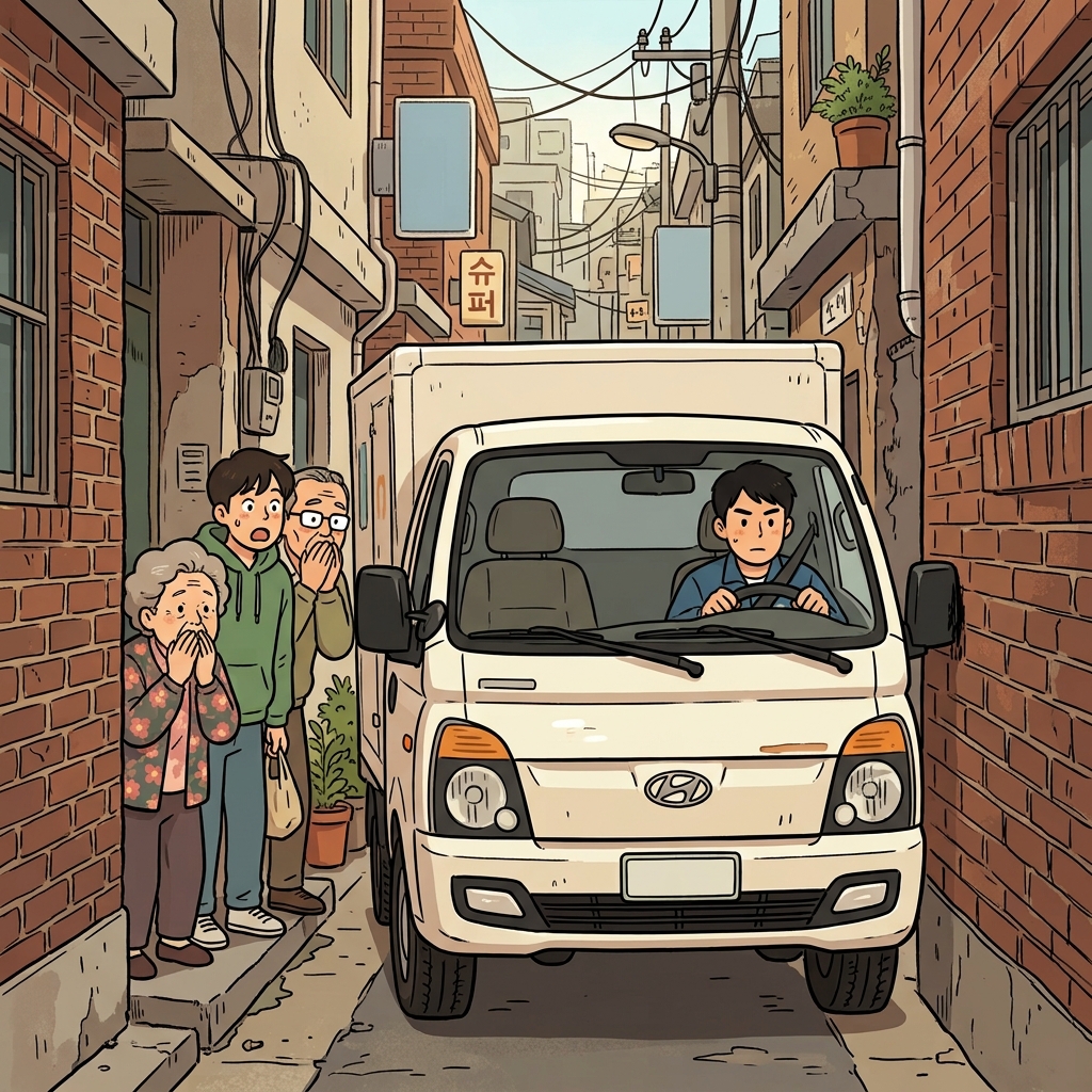 운전자는 아주 좁은 틈을 간신히(narrowly) 빠져나온 뒤 "니어? 로!"라고 외쳤다. (Near, low! → 아주 가까이 스쳐 지나간다)