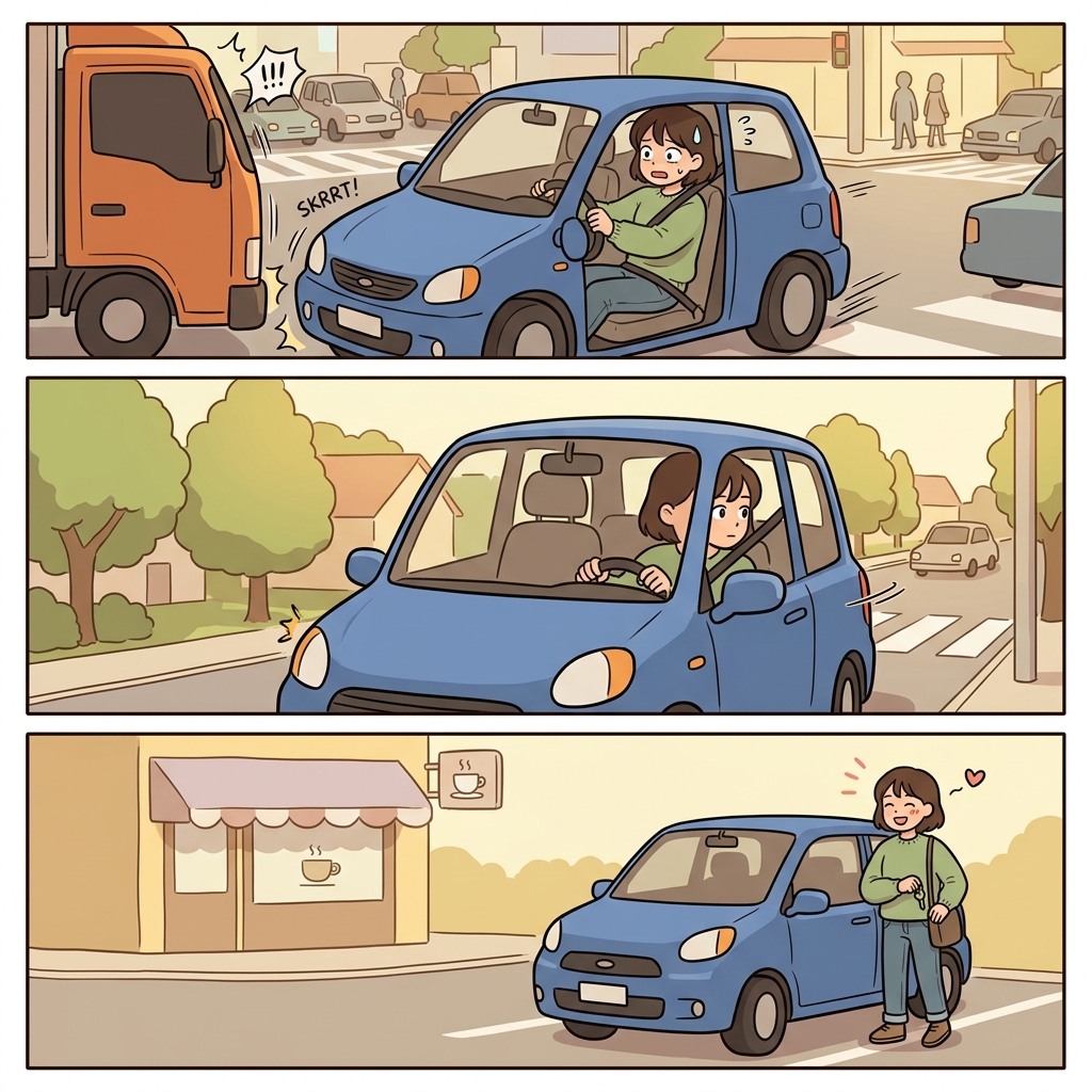 She narrowly escaped because she drove carefully and arrived successfully at her destination.