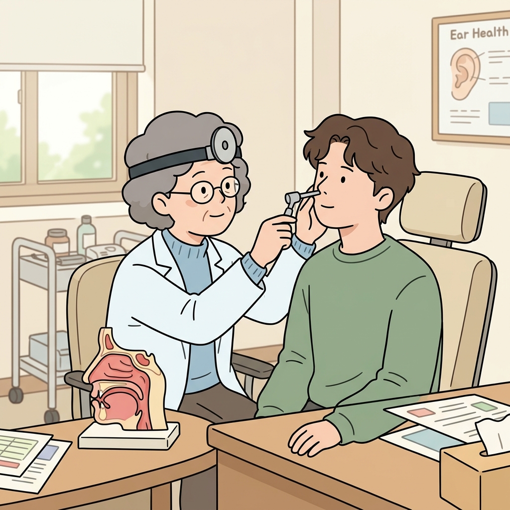 의사는 코막힘의 원인을 찾기 위해 환자의 비강(nasal passages)을 검사했다.