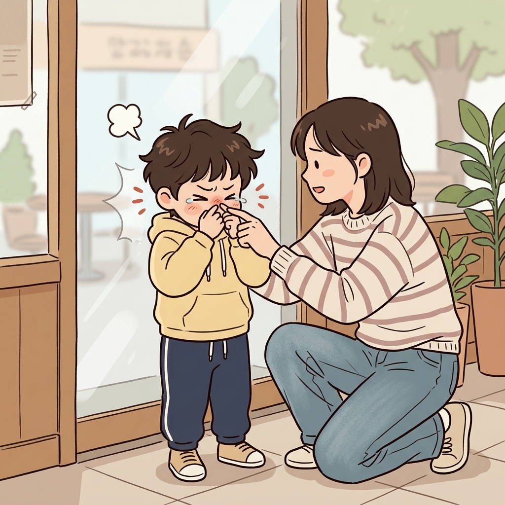 아이는 코를 부딪힌 뒤 아픈 코등을 문지르며 "내 살!"이라고 외쳤다.