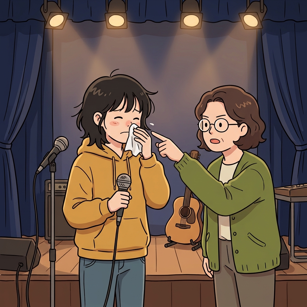 가수는 심한 감기 때문에 코맹맹이 같은 비음의(nasal) 목소리를 냈다.