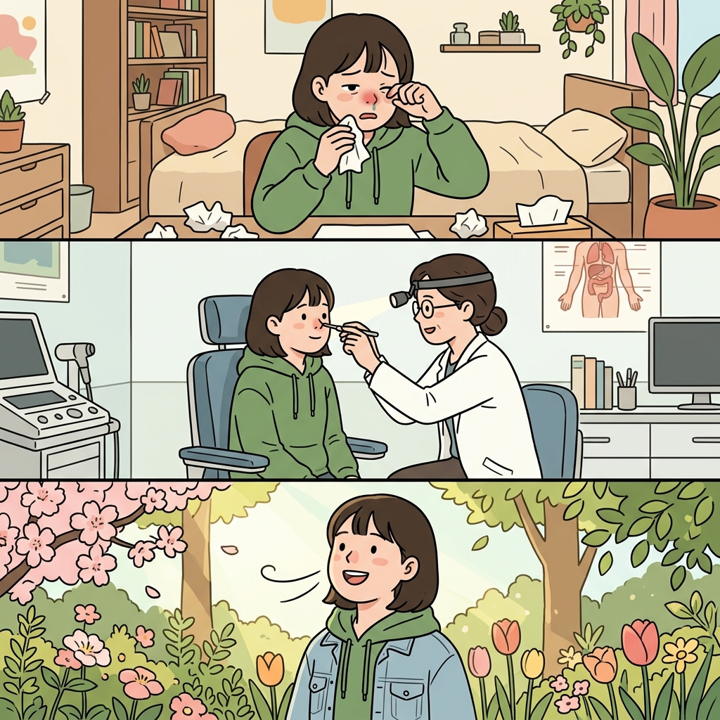 코의(nasal) 알레르기는 적절한 치료를 받은 뒤 정상적인 호흡을 되찾았다.