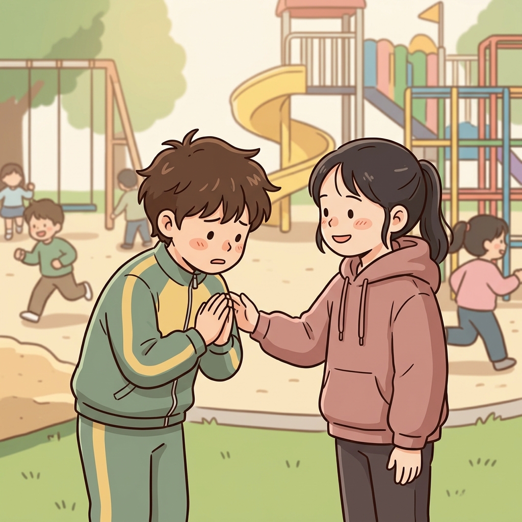 소년은 심한 말을 한 것을 사과했다. ("나빴지!" → 못되고 불쾌하다)