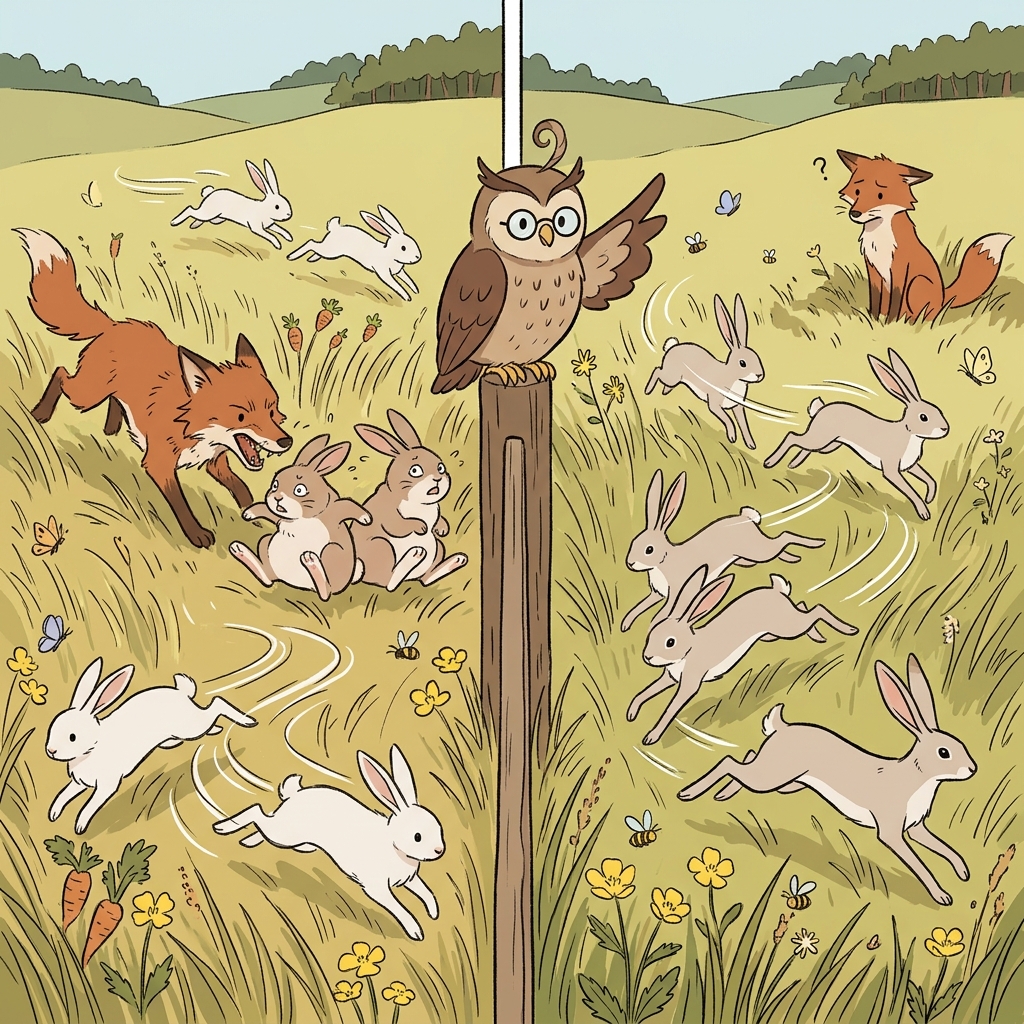 Over generations, natural selection favors the faster rabbits that escape the fox.