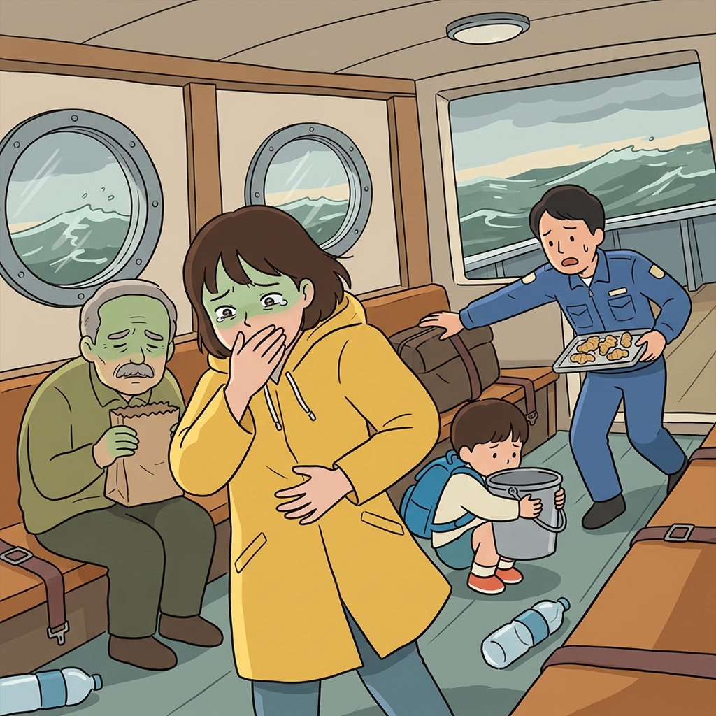 Rough seas hit the ferry and sudden nausea sweeps through every passenger onboard.
