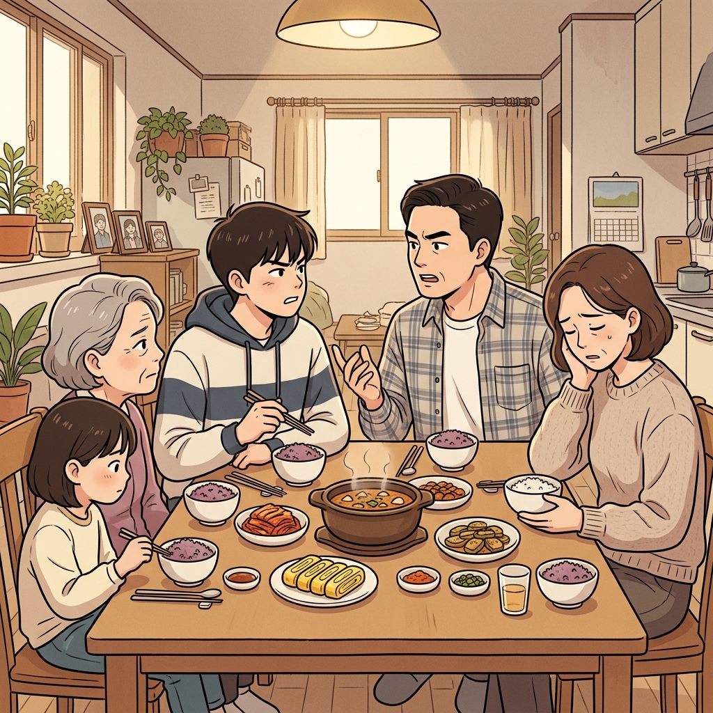 불필요한 말다툼 때문에 즐거운 저녁이 망쳐졌다. ("니드 없어!" → 필요(need)가 없으니 하지 않아도 된다)