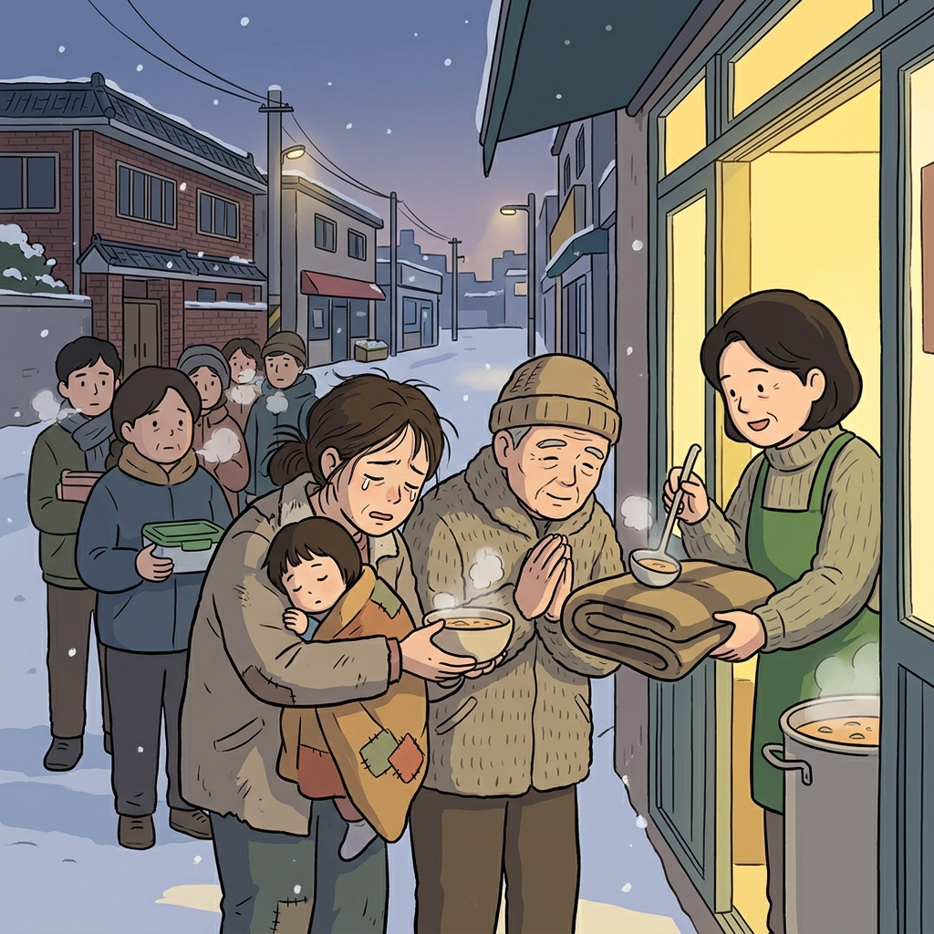 The needy family lines up at the winter shelter for warm food and blankets.