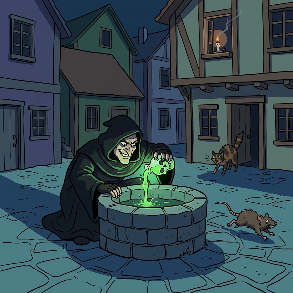 The nefarious sorcerer poisons the kingdom's well under the cover of night.