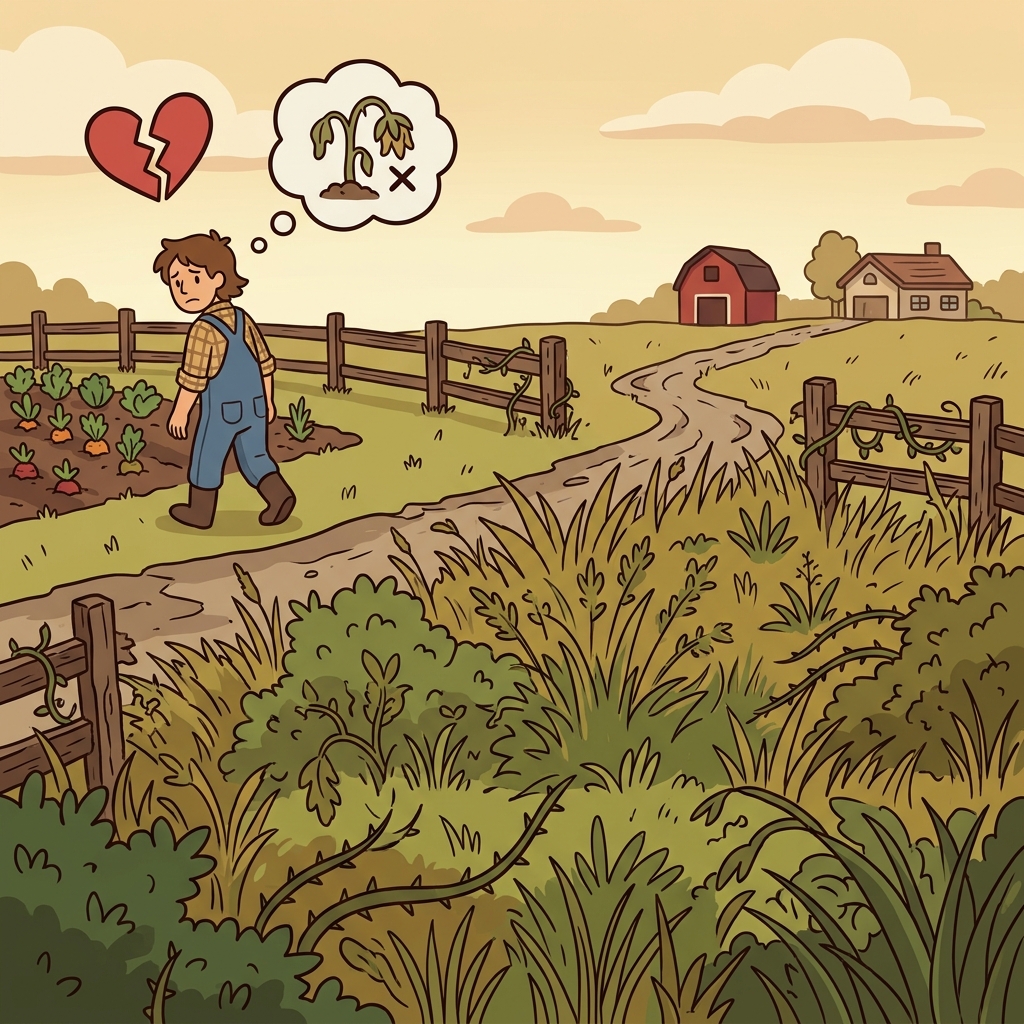 The farmer neglected the field and weeds quickly spread everywhere. (NEGLECT = DON'T CARE → to fail to give proper care or attention)