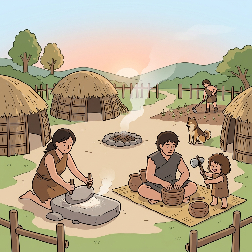 신석기 마을 사람들이 곡식을 갈고 토기를 빚고 있다.