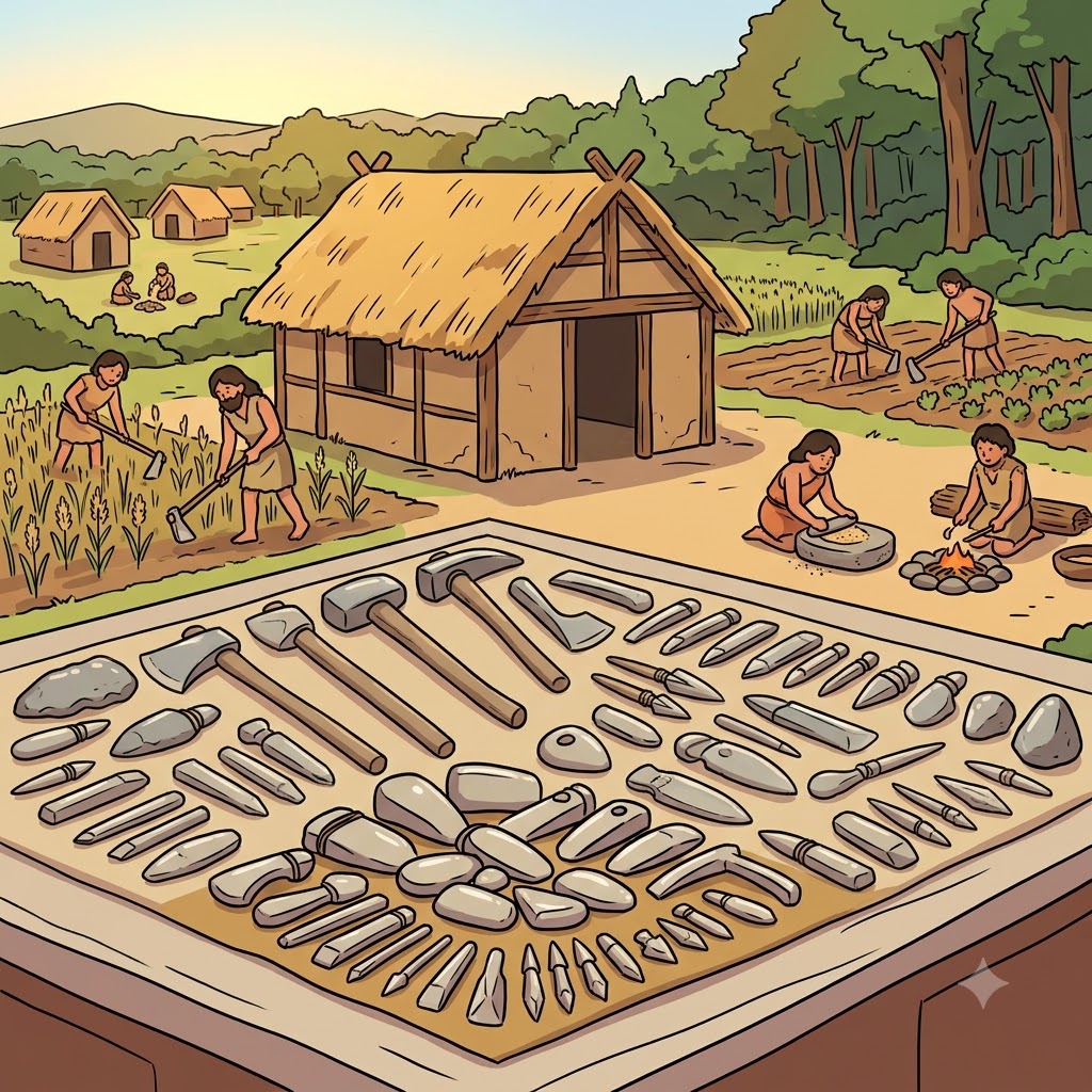 박물관 전시는 신석기 시대(neolithic) 사람들이 새로운 돌도구를 사용하고 영구적인 정착지를 만들었다고 설명했다.