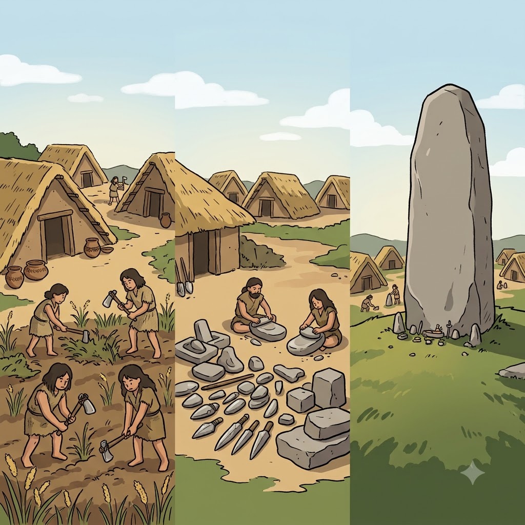 신석기 시대(neolithic) 마을에서는 석기(lithic)를 사용했고, 거대한 하나의 돌(monolithic)이 정착지 옆에 서 있었다.