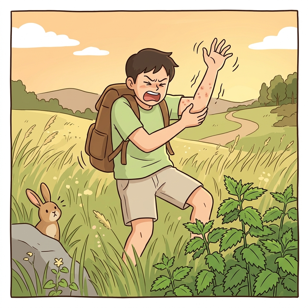 He brushed against a nettle and instantly regretted his shortcut through the meadow.