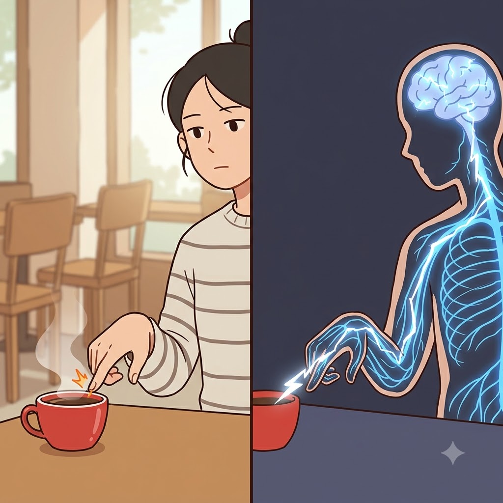 끓는 컵을 만지는 것은 그의 복잡한 신경(neural)망을 통해 뇌로 빠른 전기 신호를 보냈다.
