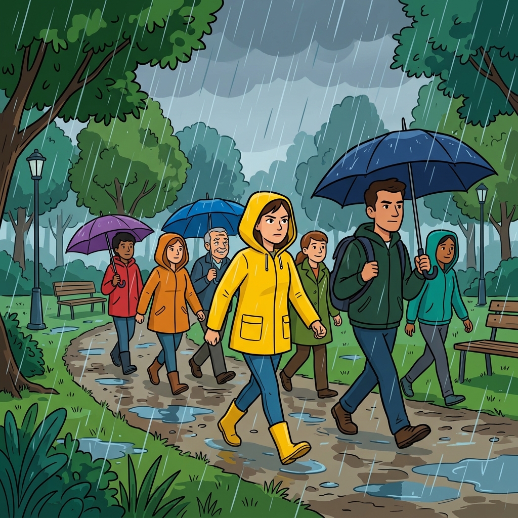It was raining heavily; nevertheless, the team continued the charity walk.