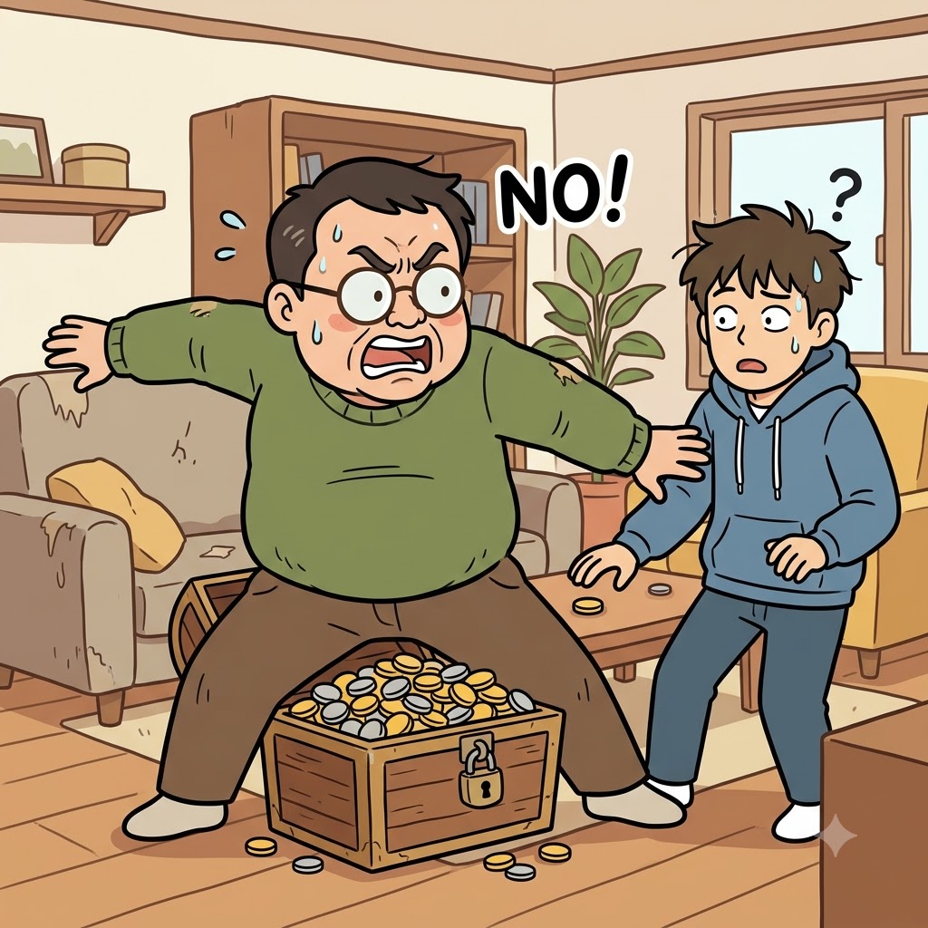 구두쇠는 돈을 지키며 "니가드!"라고 외쳤다. 마치 동전 하나도 빼앗길 수 없다는 듯했다. ("니가드!" → 내 돈은 내가 guard(지킨다)!)