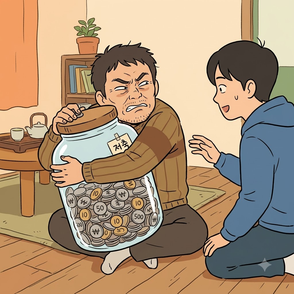 그 구두쇠(niggard)는 동전 하나하나를 지키며 돈을 전혀 쓰지 않으려 했다.