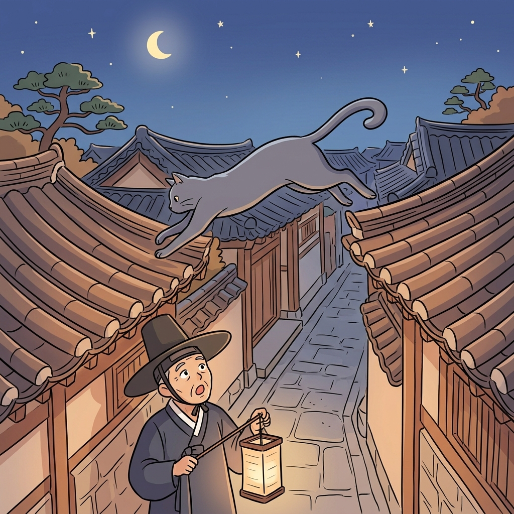 The nimble cat leaps between rooftop tiles without making a sound.