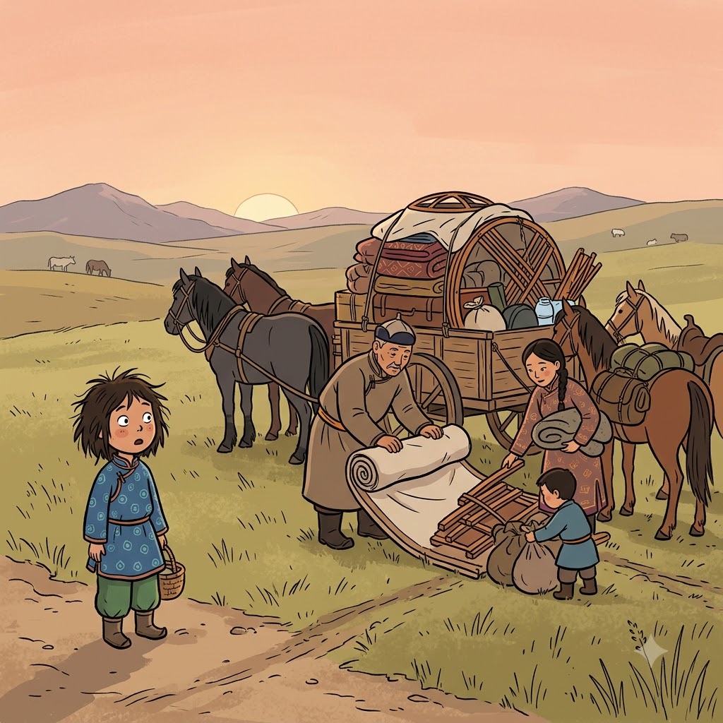 아이는 유목민(nomad)이 해 뜨자마자 천막을 접는 모습을 보고 "너, 또 가?"라고 물었다.