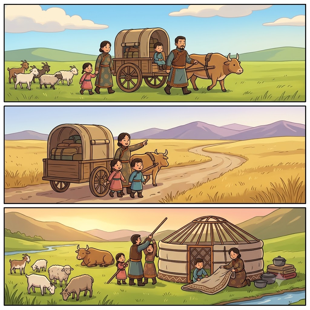 유목민(nomad)은 긴 길(road)을 따라 이동한 뒤 계절을 보낼 새로운 보금자리(home)를 세웠다.