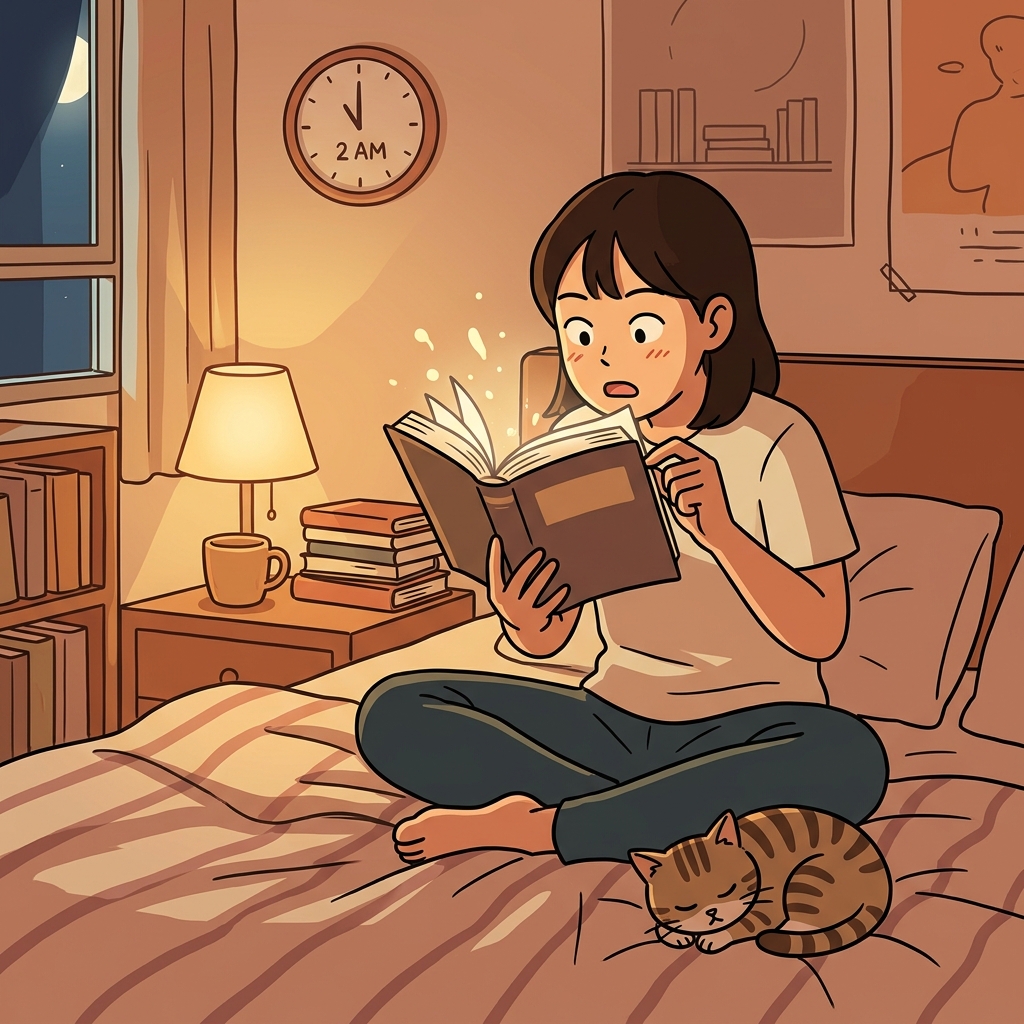 She stayed up all night reading a thrilling novel.