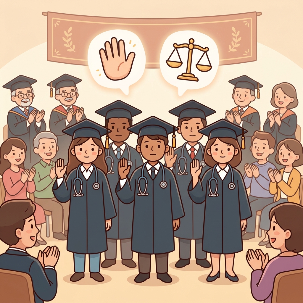 The doctor took an oath to care for every patient. (✋ Promise + ⚖️ Honor → Oath)
