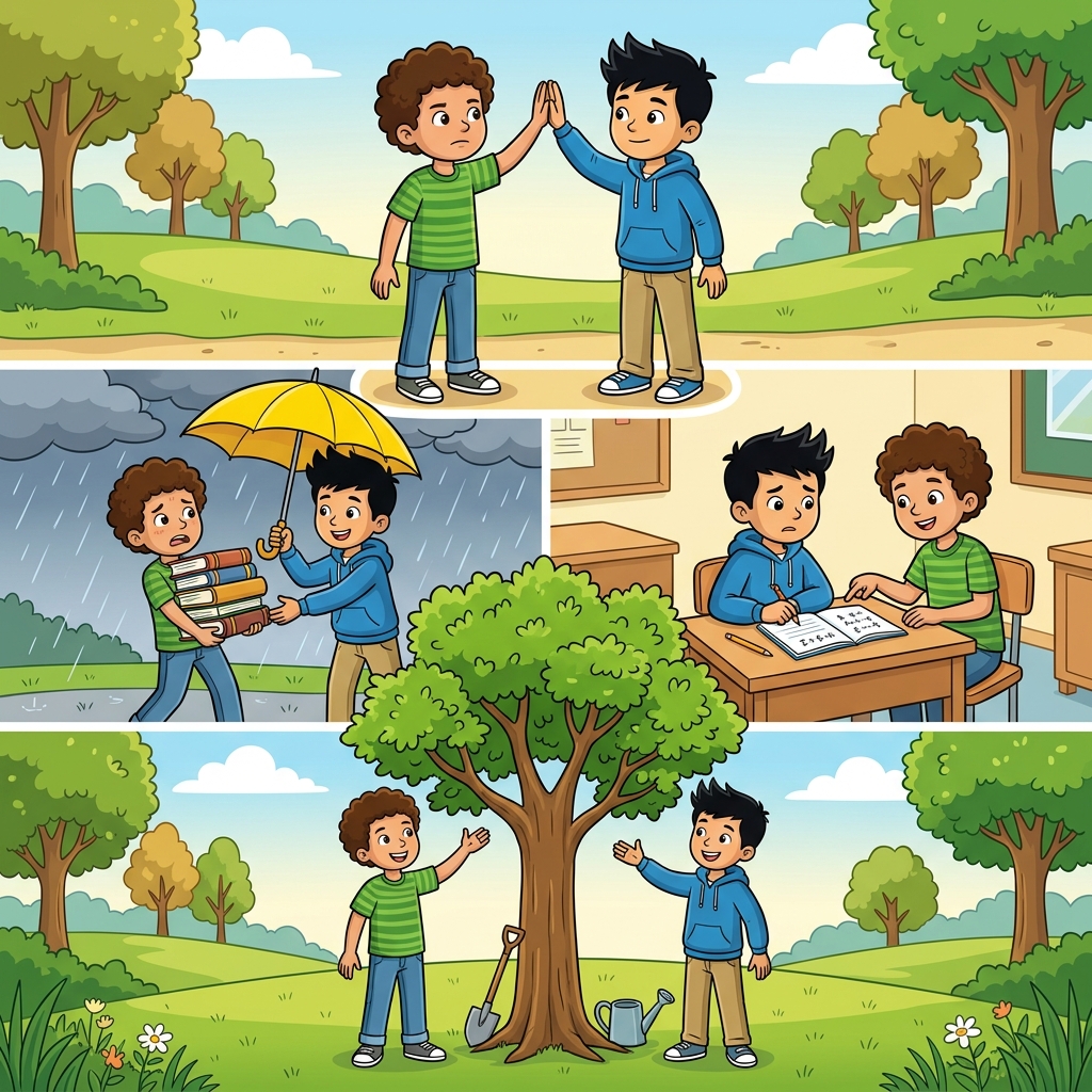Both friends kept their oath, and their trust led to growth.