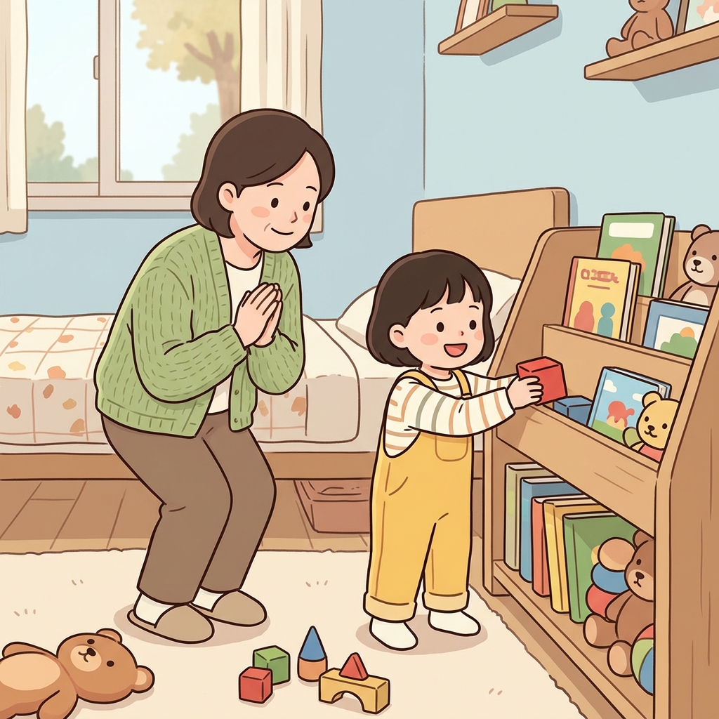 순종적인 아이는 한 번의 말에 방을 깨끗이 정리했다. ("오베이(Obey)!" "오케이(Okay)!" → 시키는 대로 따른다.)