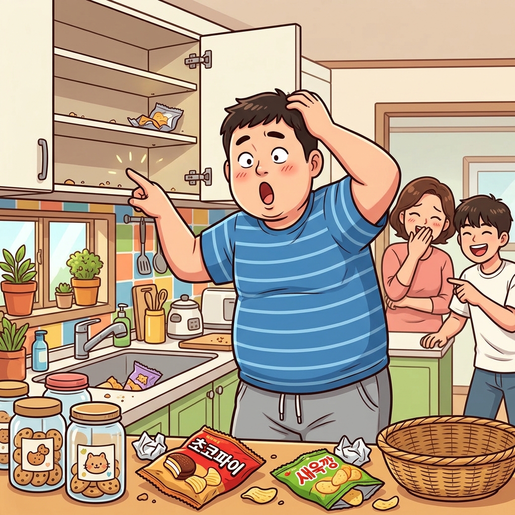 비만인 남자는 부엌 간식을 모두 먹고 "오~ 비었어!"라고 말했다.